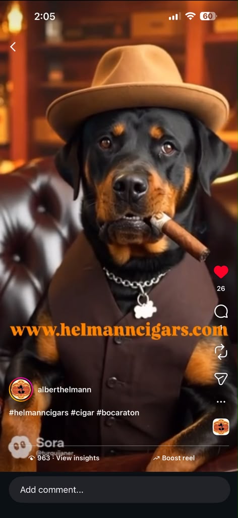 The Helmann Cigars shop mascot wearing a hat